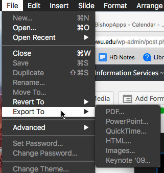 Keynote File menu showing Export to submenu expanded