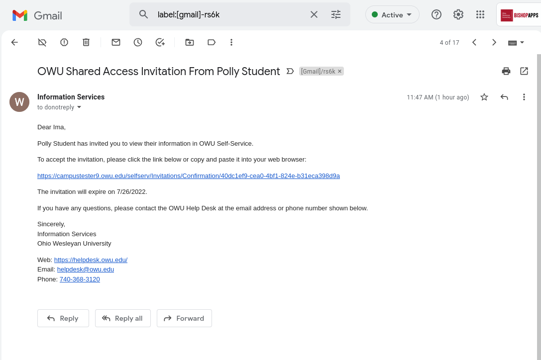 screenshot of invitation email