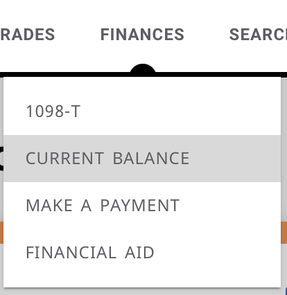 Screenshot of OWU Self-Service Finances menu, Current Balances highlighted