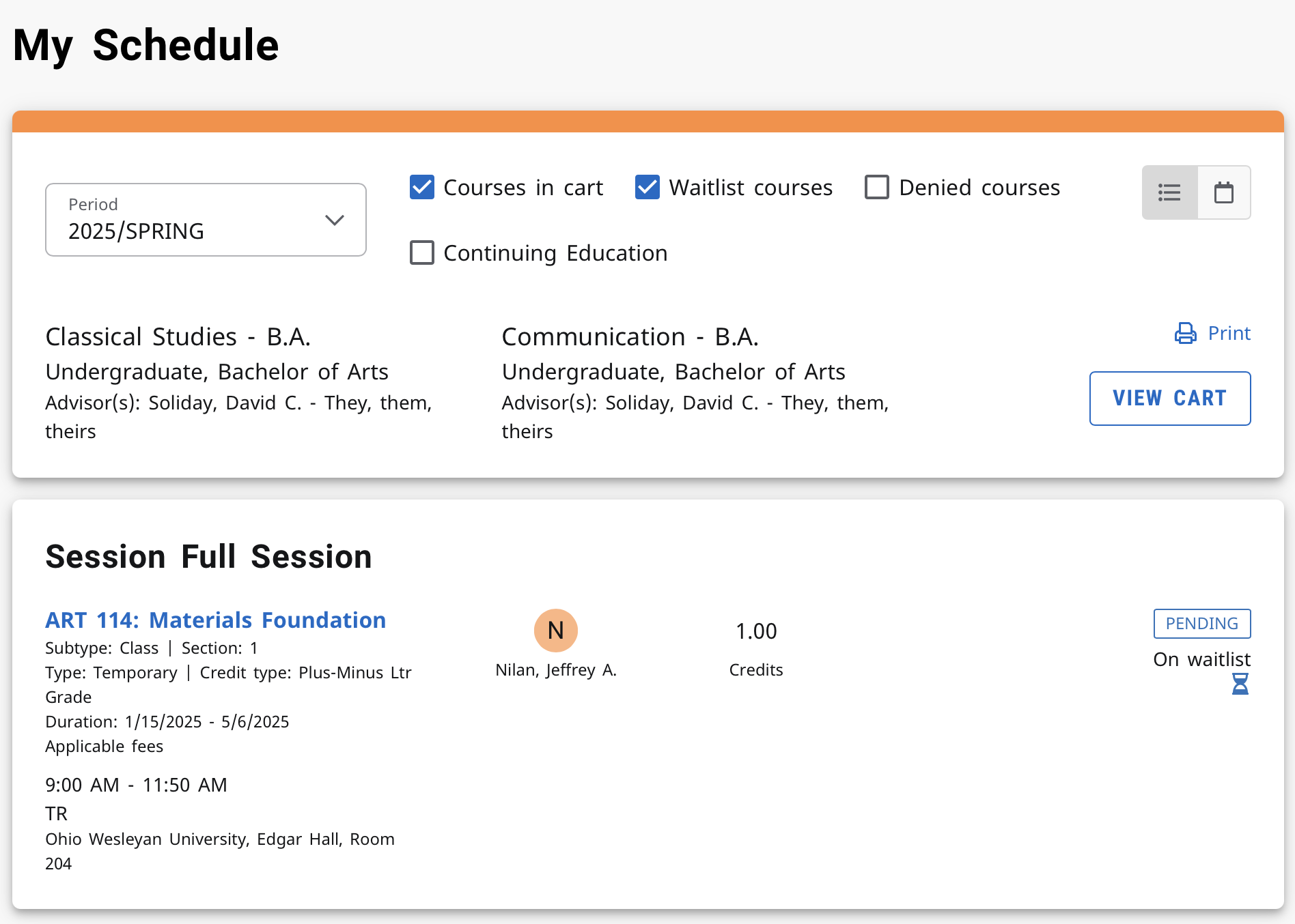 screenshot of OWU Self-Service My Schedule screen with a waitlisted course