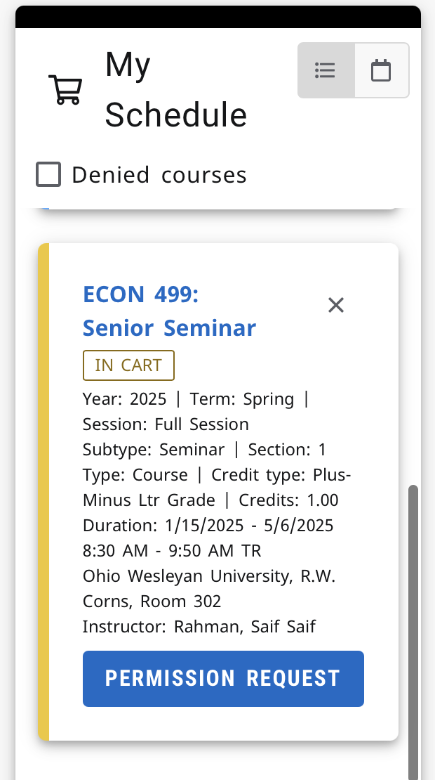 Screenshot of OWU Self-Service cart and a course with a Request Permission button