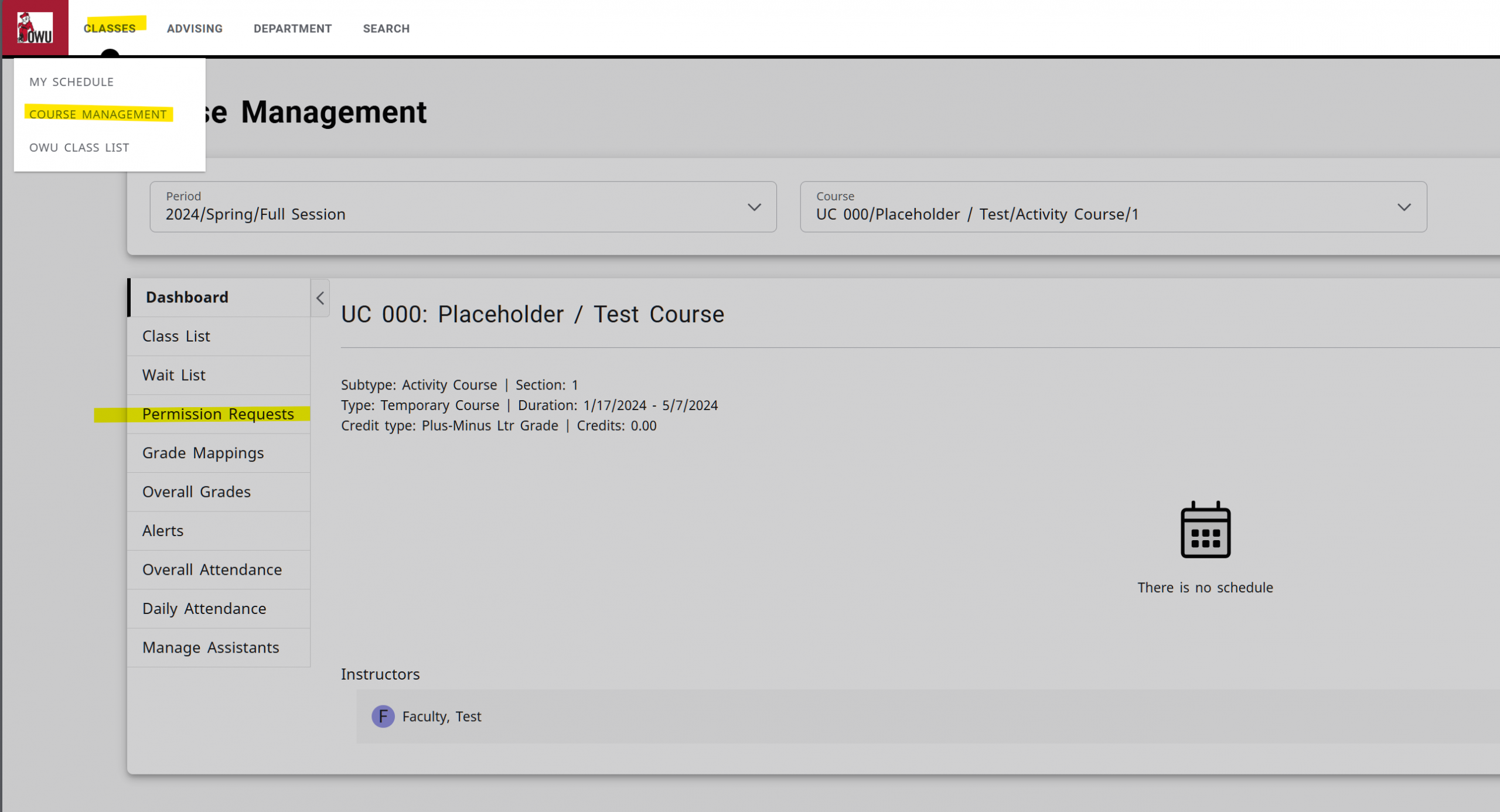 Screenshot of Self-Service Classes menu with Course Management highlighted, plus Permission Requests highlighted beyond that